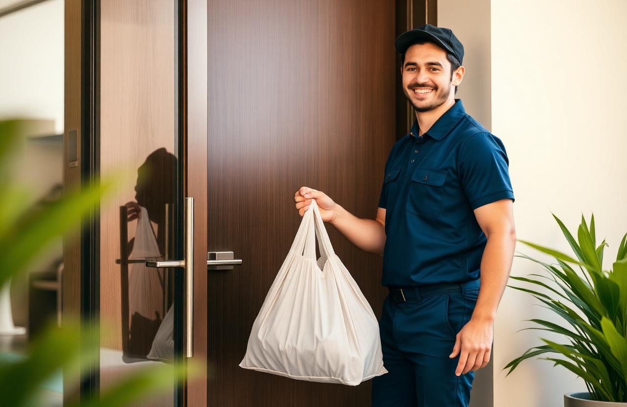 Dropster Laundry driver delivering a freshly cleaned laundry bag to a Dubai apartment door